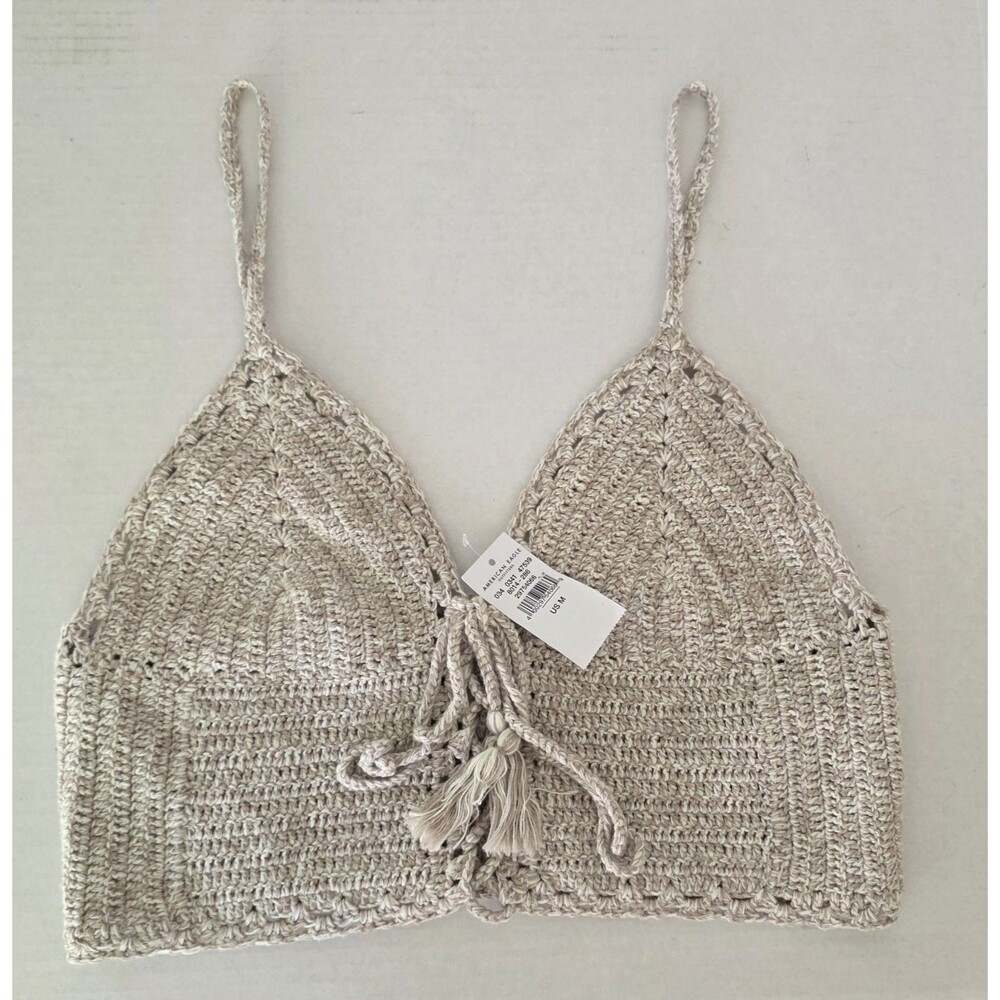 NEW American Eagle Outfitters Boho Knit Crochet Halter Crop Top Cream Sz Medium